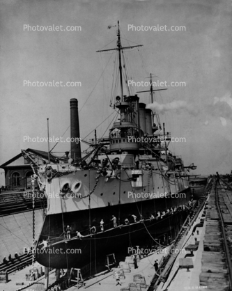 USS Maine in drydock, (Battleship # 10), Hunter's Point, San Francisco, California, circa 1908