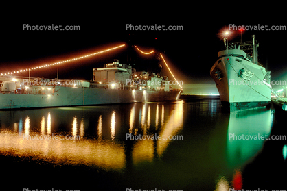 Combat Stores Ship AFS-22, Nighttime, Docks, USN, United States Navy