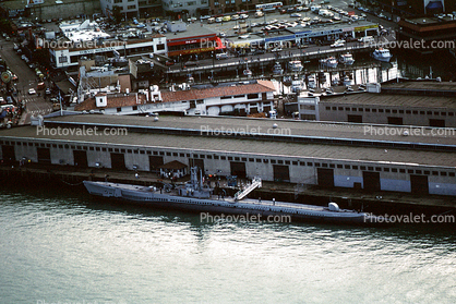USS Pampanito (SS-383), Balao class Submarine, Pier, docks, buildings, wharehouse, WW2