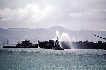USS Missouri (BB-63), USN, United States Navy, Fireboat Spraying Water