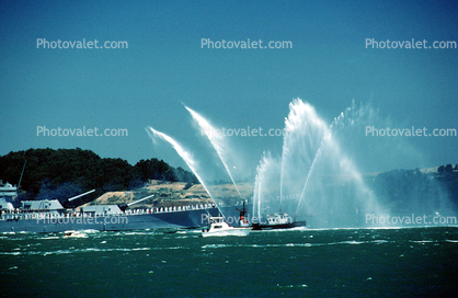 Fireboat Phoenix welcoming the USS Missouri, Spraying Water,  (BB-63)