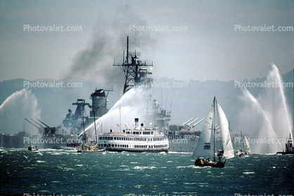 fireboat welcoming the USS Missouri, Spraying Water, USN, United States Navy