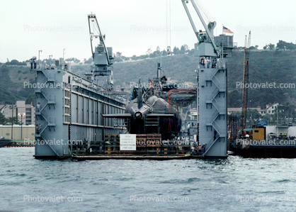 Nuclear Powered Sub in a floating drydock, American, Drydock, Crane, Submarine, Naval Base Point Loma