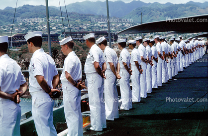 Sailors Lining up as USS Ranger prepares to leave harbor in Honolulu, Pearl Harbor