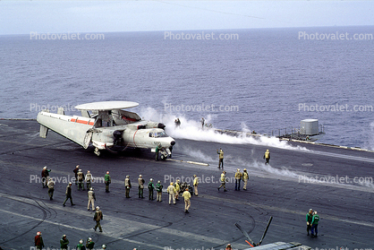 Grumman E-2C Hawkeye, NE-600, VAW-116 "Sun Kings", USS Ranger (CVA-61), steam, wings folded, preparing for take-off
