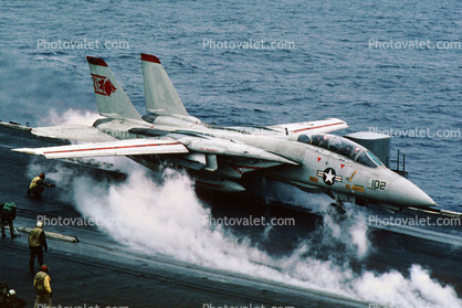 steam catapult, Grumman F-14 Tomcat wings spread, take-off