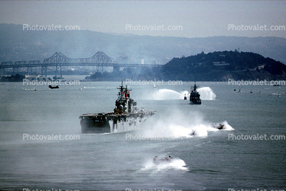 LHD-4 Boxer, Wasp Class Amphibious Assault Ship, LCAC, Fireboat spraying water