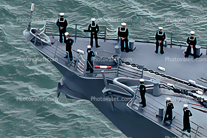 Naval Sailor in attention entering a harbor, bow, tip, anchor, seamen, chain, Paintography