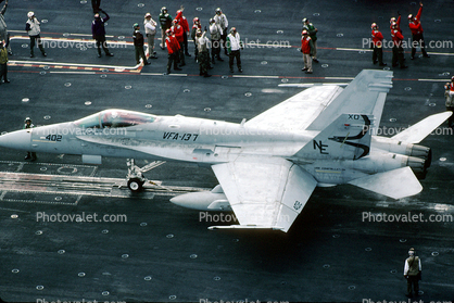 VFA-137, 402, McDonnell Douglas F-18 Hornet, ready for take-off, USS Constellation CV-64