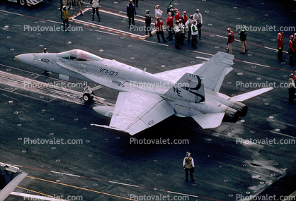 VFA-137, 402, McDonnell Douglas F-18 Hornet, ready for catapult take-off, USS Constellation CV-64