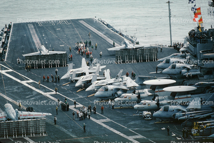 Jet Fighters preparing for launch, USS Constellation, CV-64