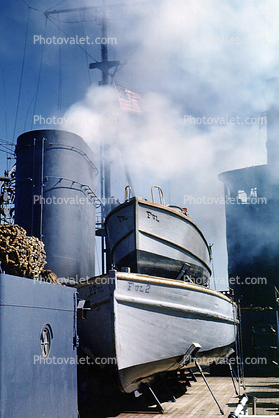 Lifeboats, smoke, smokestack, 1940s