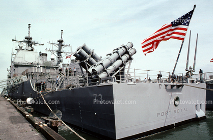 Torpedo Tubes, USS Port Royal (CG-73), Harbor, USN, United States Navy, Ship