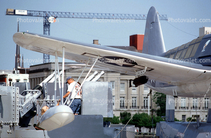 Vought OS2U-3 Kingfisher floatplane, USS North Carolina (BB-55) Battleship, Cape Fear River, Riverfront, Wilmington, North Carolina