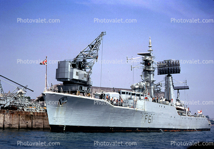 F61 HMS LLANDAFF, British warship, crane, dock, Aircraft Direction Frigate, Salisbury Class, June 1971