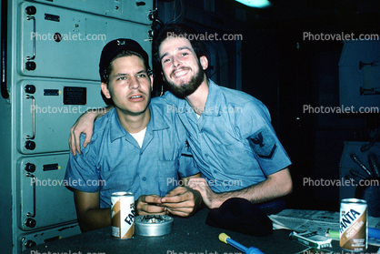 Friend sailors onboard ship, fanta, soft drink, funny, October 1976