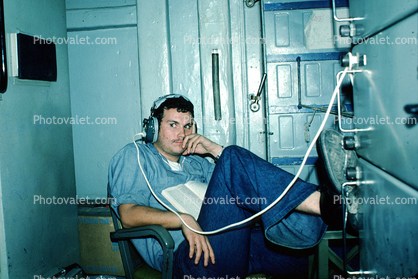 sailors onboard ship, headphone, October 1976