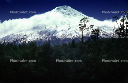 Volcanic Peak, Snow, Clouds, Forest, Volcano