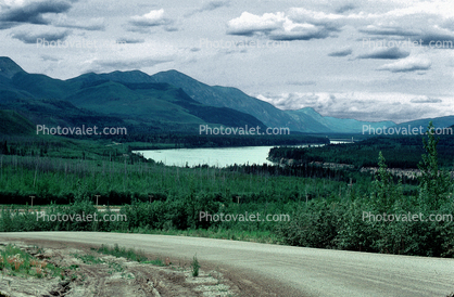 Lake, Forest, Mountains, clouds, road, water