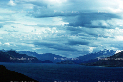 Lake, clouds, mountains