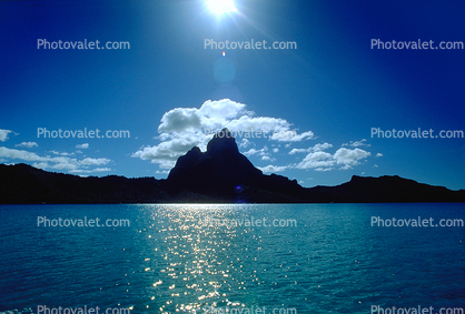 Mount Otemanu, Clouds, Mountains, Ocean, Sun Glint, reflection, wavelets