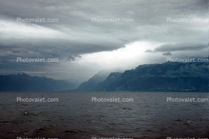 Lake, Rain, Clouds, Mountains, Lake Geneva, water, 1950s