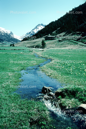 mountains, peaceful, meadow, stream, river