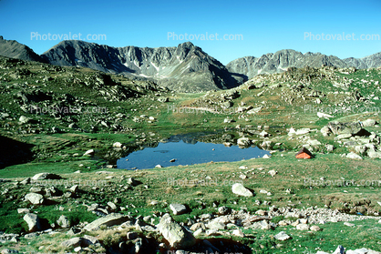 mountains, peaceful, meadow, boulders, rocks, lake, pond, water