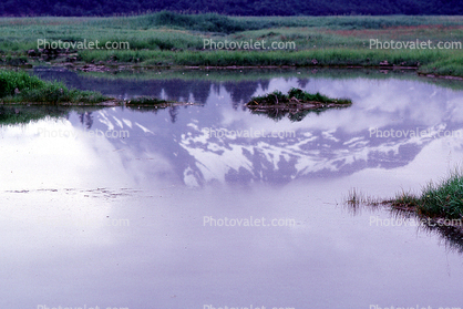 Mountains, Island, Clouds, Ocean, water reflection, wetlands, pond