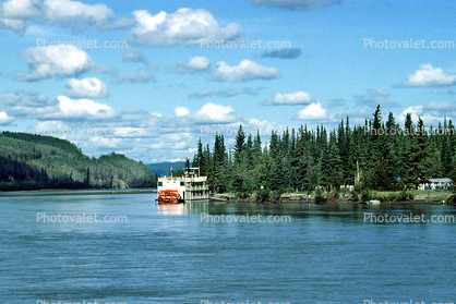 Forest, trees, lake, clouds, dock, water, Indian Village, Tanana River
