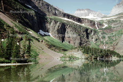 Lake, Reflection, Trees, Waterfall, Glacier National Park, Mountain, water