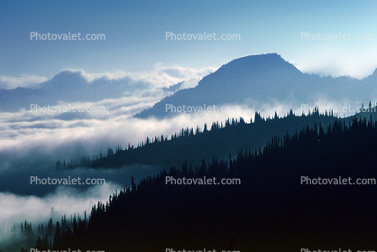 Clouds, Layered Mountains, ridgeline, trees