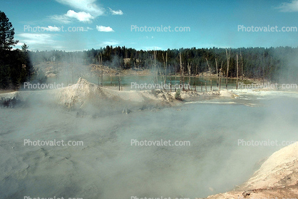 steam, trees, hills, Hot Spring, Geothermal Feature, activity
