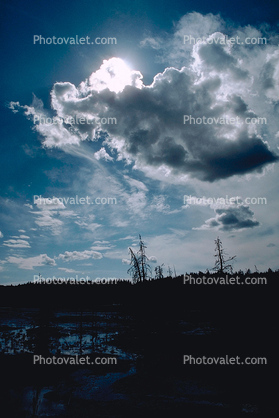 cumulus clouds, sun, trees, Hot Spring, Geothermal Feature, activity