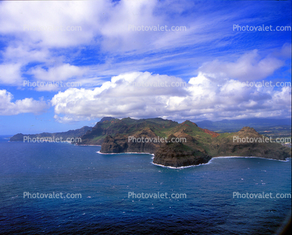 Na Pali Coast, shoreline, beach, mountains, clouds, Kauai
