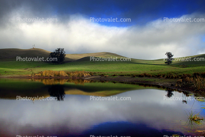 Trees, Hills, Pond, Reflection, Reservoir, Lake, Water, clouds