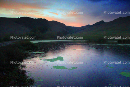 Pond, Water, Sunset, Hills, reservoir, lake