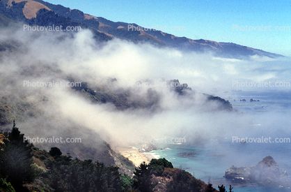 Coastal Fog, shore, shoreline, hills