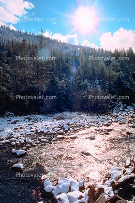 River, stream, snow, trees