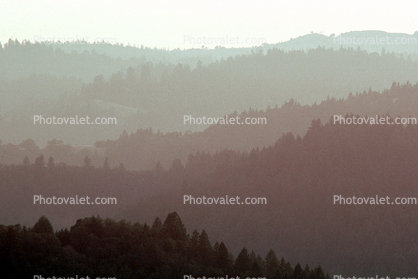 layered mountains, hills, haze, mist