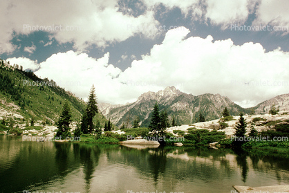 Mountains, trees, lake, clouds, water