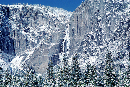Yosemite Falls, Waterfall, Snowy Trees, Valley, Forest, Winter