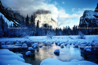 Yosemite Valley in the Winter, El Capitan, Smooth Snow Covered Rocks, Merced River, Snowy Trees, Valley, Forest, Winter, Granite Cliff