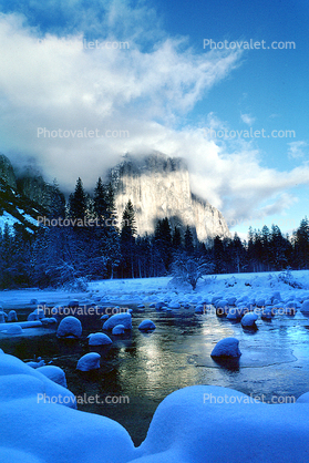 Yosemite Valley in the Winter with El Capitan, Merced River, Smooth Snow Covered Rocks