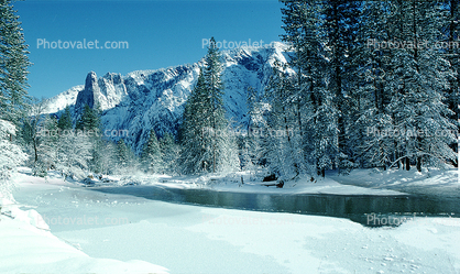 Merced River in the Winter, trees, valley, mountains