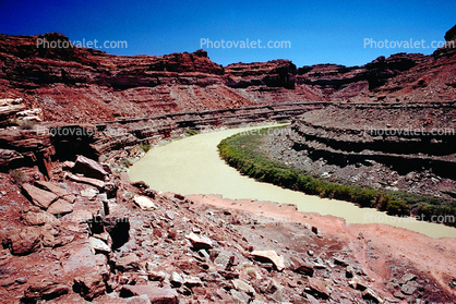 curve in the Colorado River, Sandstone Cliff, trees, stratum, strata, layered, sedimentary rock, meander