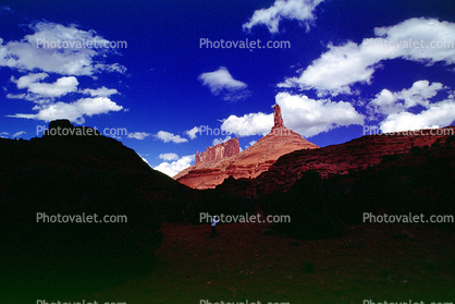 Castleton Tower, Mesa, Mountains, knob, cumulus clouds, Castle Valley, east of Moab, spire, geologic feature, butte