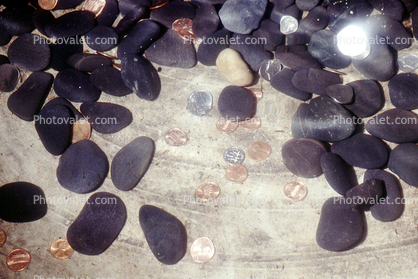 Rocks, Pebbles, Wishing well, pennies, coins