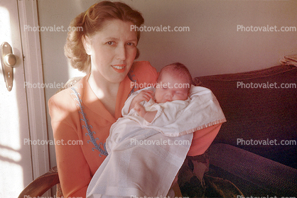 Proud Mother, bundled baby, newborn, 1950s