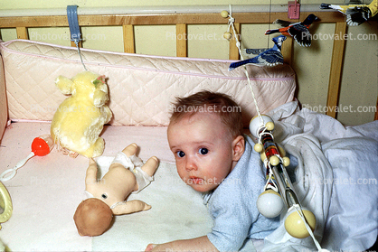 Newborn, Boy, Baby, Face, Crib, Creche, 1960s